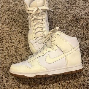 Nike White and Brown High-Top Sneakers White Nike dunks with gum sole.